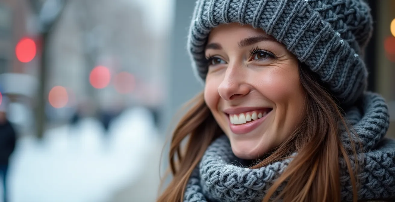 Portrait d'une personne portant une tuque artisanale québécoise avec un foulard en laine nouée élégamment