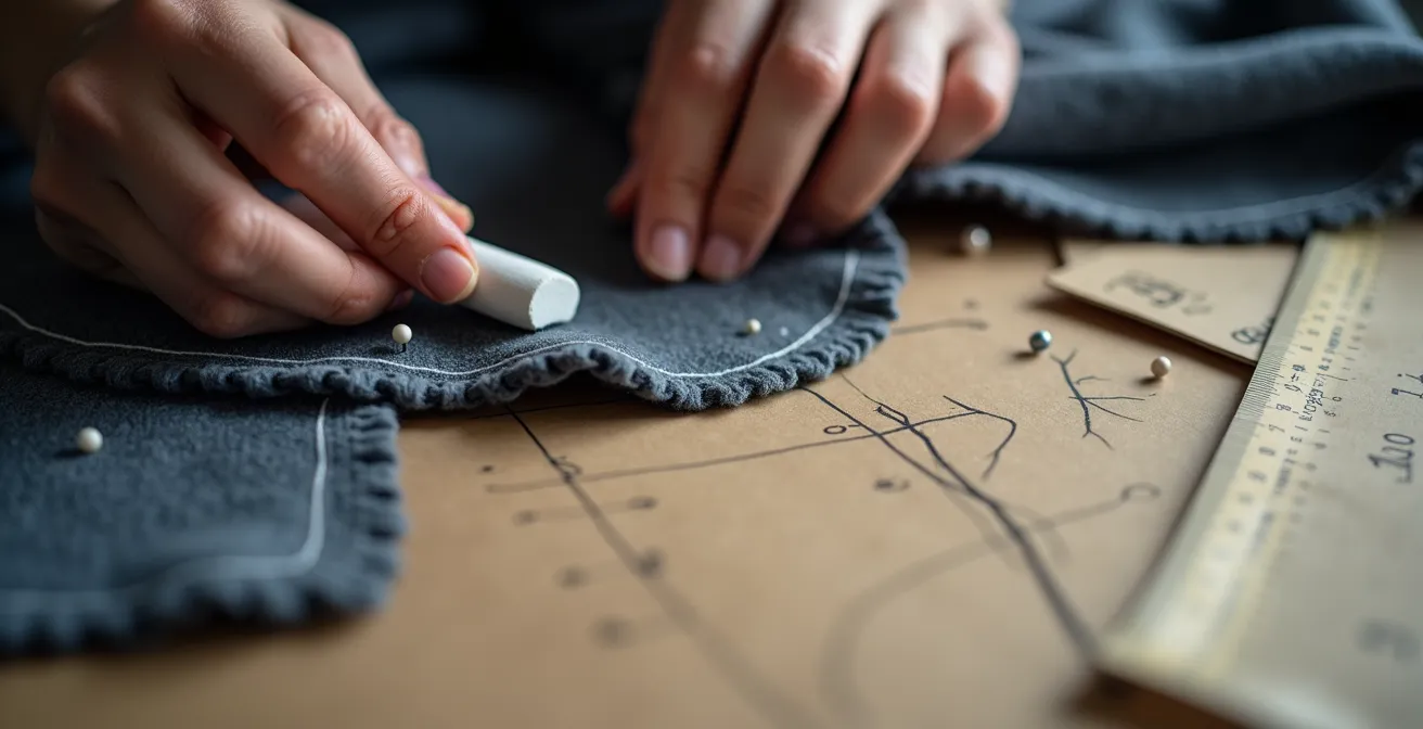 Gros plan sur mains d'artisan ajustant un patron sur tissu de qualité