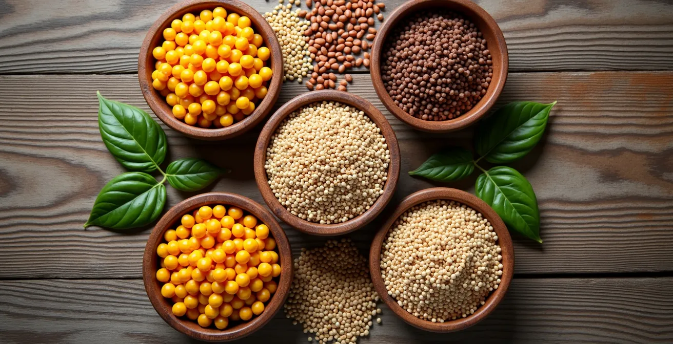 Arrangement artistique de légumineuses et graines québécoises dans des bols rustiques