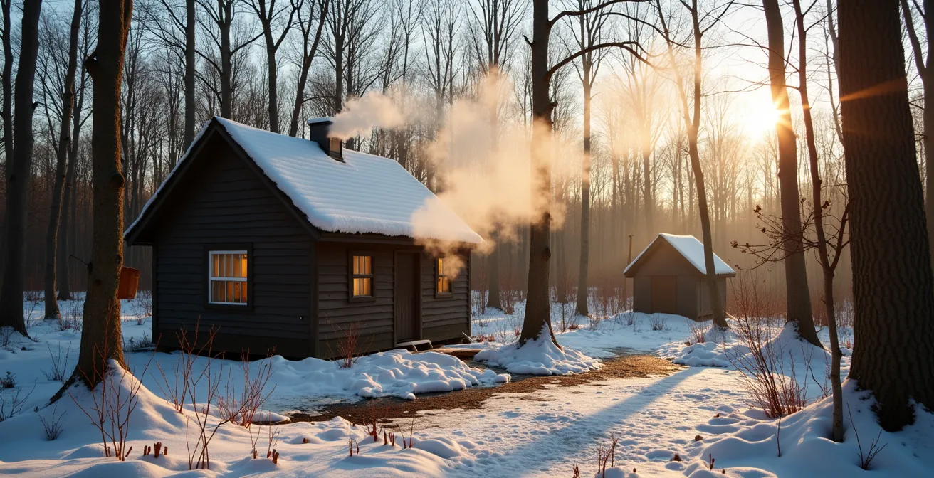 Cabane à sucre traditionnelle québécoise entourée d'érables au printemps avec vapeur s'échappant du toit