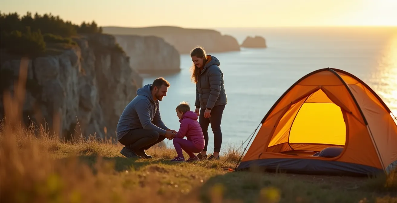 Camping rustique en bord de mer avec vue sur les falaises gaspésiennes au coucher du soleil