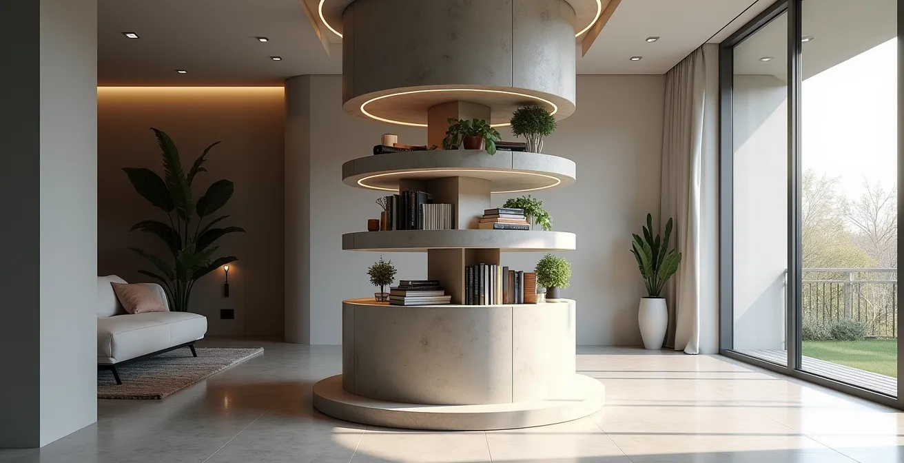 Colonne de béton dans un salon transformée en élément décoratif avec étagères flottantes circulaires
