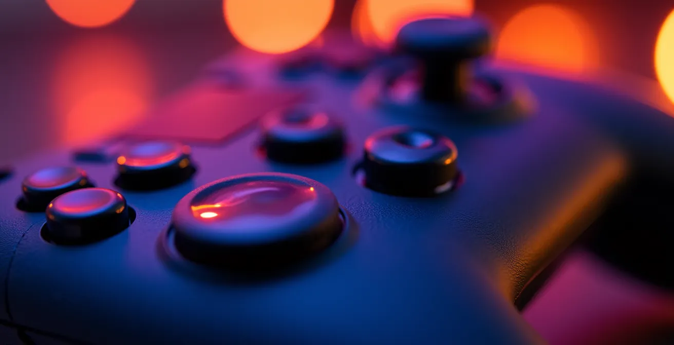 Vue macro détaillée d'une manette de jeu avec reflets colorés représentant les différentes spécialisations du design