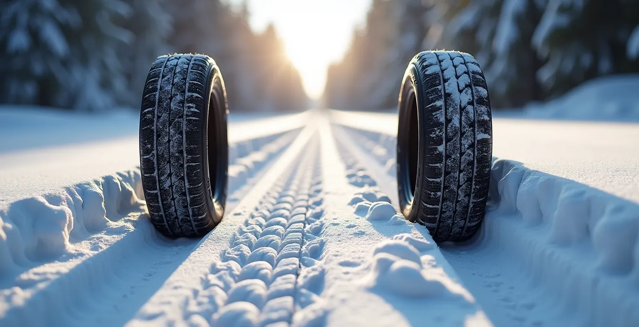 Comparaison visuelle entre pneu d'hiver étroit et pneu large sur neige
