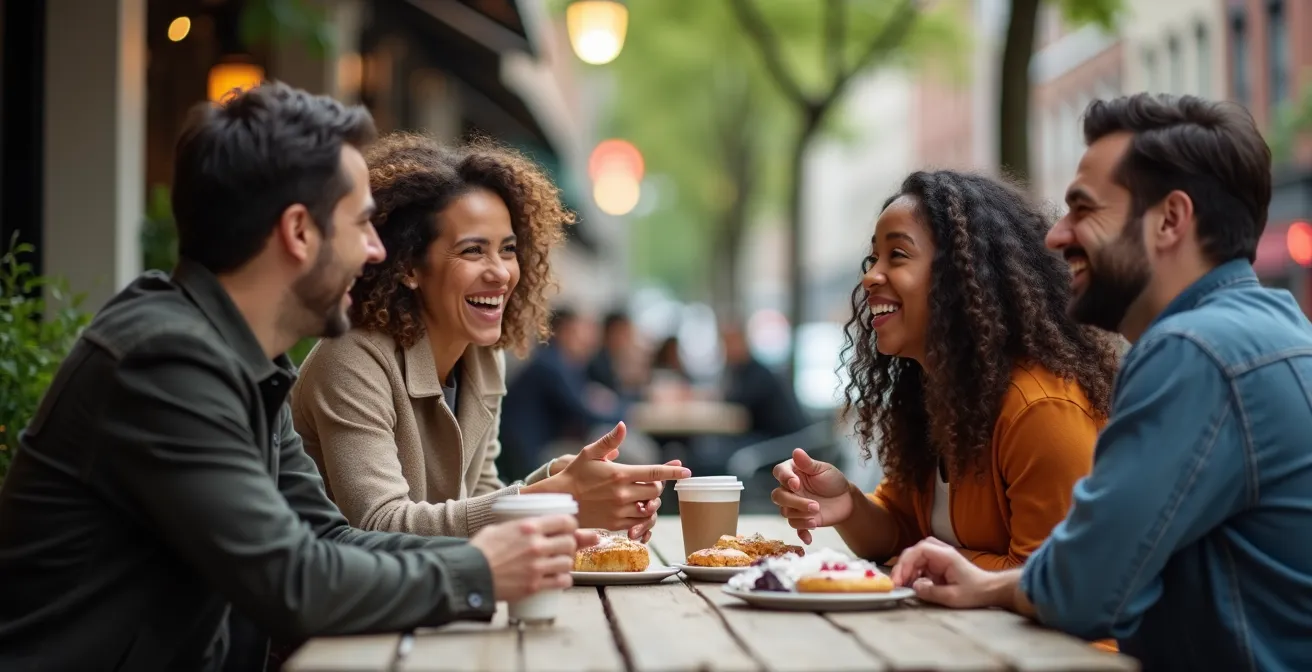 Groupe multiculturel en discussion animée sur une terrasse de café montréalais