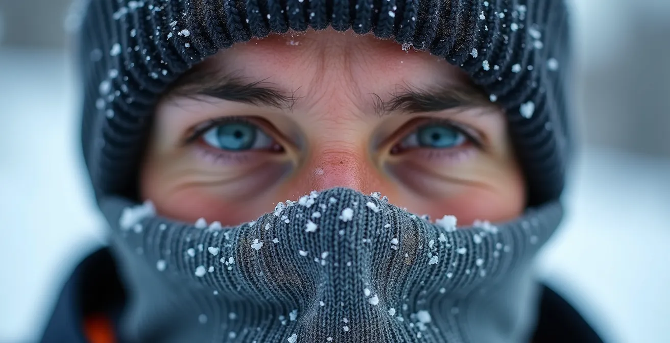 Gros plan sur un coureur portant un cache-cou pour protéger ses voies respiratoires en hiver