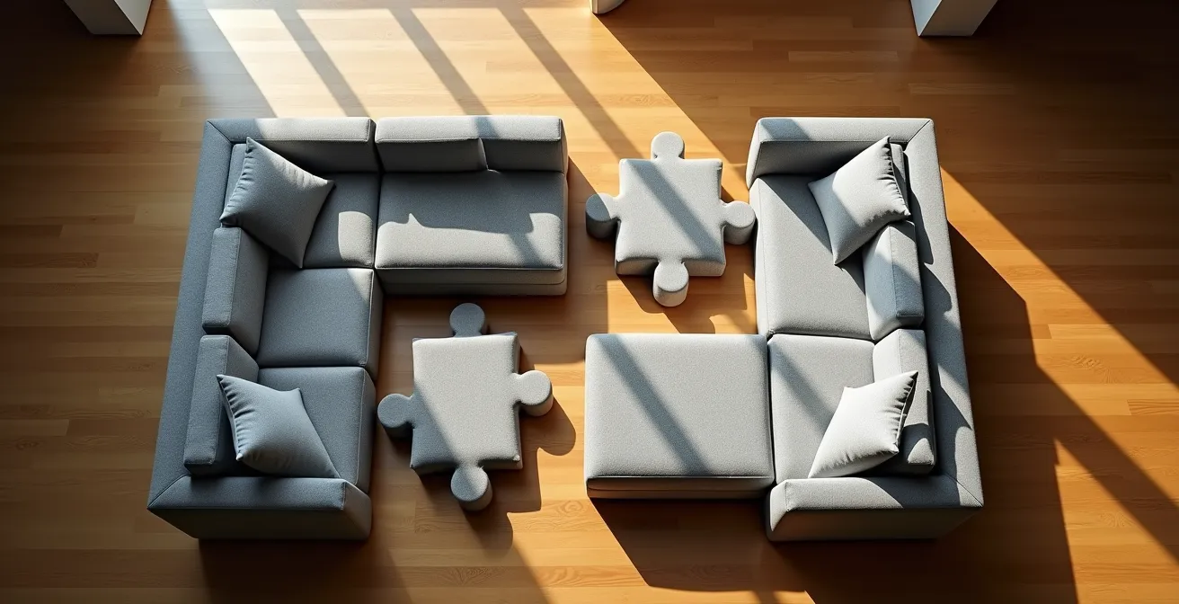 Divan modulaire montré en trois configurations différentes dans un même espace