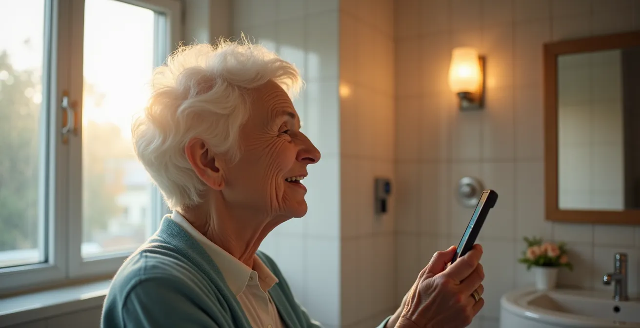 Personne âgée utilisant un assistant vocal pour contrôler l'éclairage dans une salle de bain moderne