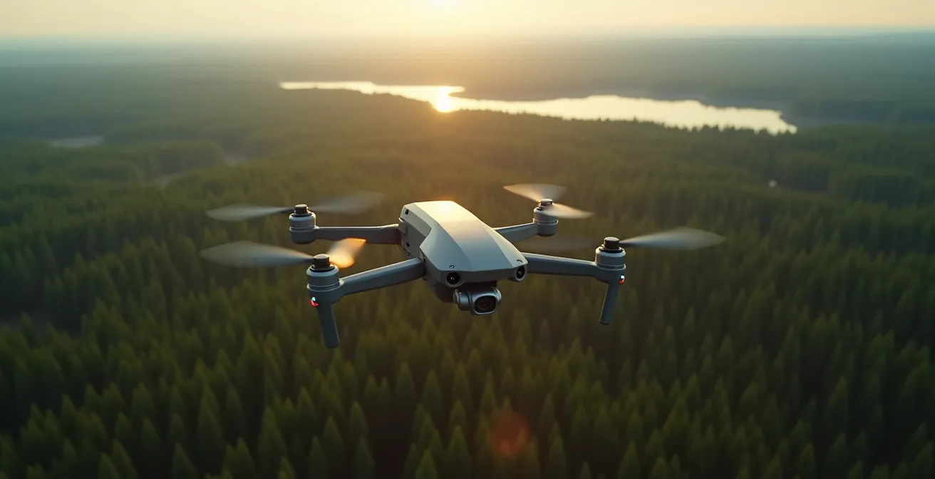 Drone de livraison survolant un paysage nordique québécois avec forêt boréale