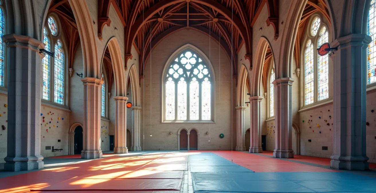 Vue intérieure d'une ancienne église reconvertie avec structures d'escalade et espaces de cirque