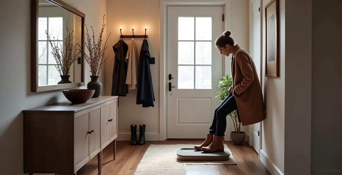 Entrée de condo aménagée avec banc de rangement, tapis anti-calcium et système de crochets muraux