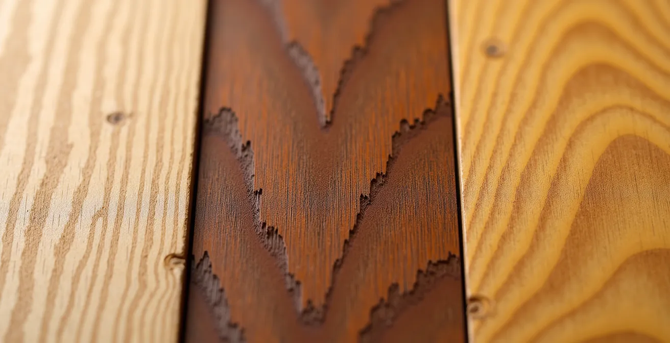 Gros plan sur les textures d'érable, chêne et merisier