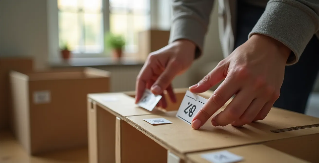 Modules d'étagères empilés et numérotés prêts pour le déménagement