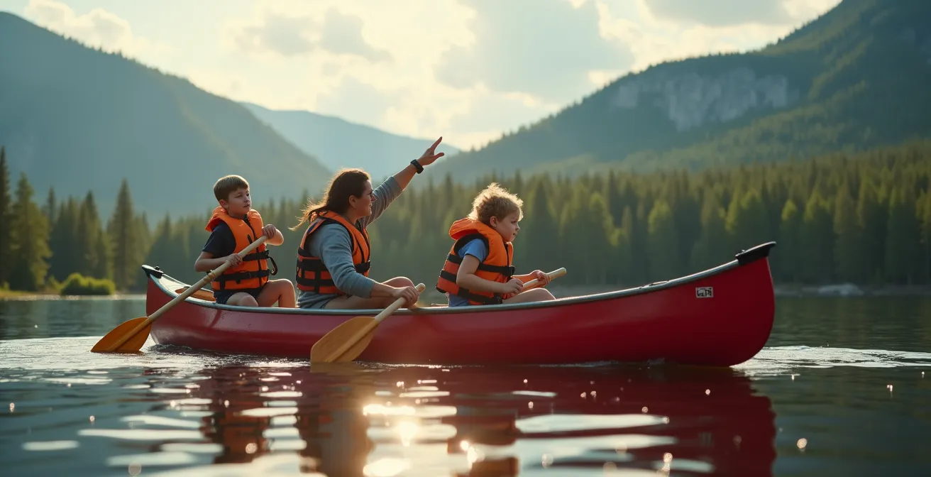 Famille avec jeunes enfants pagayant en canot sur un lac calme du parc de la Mauricie