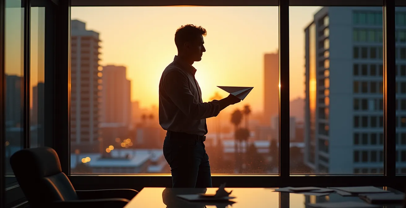 Chercheur contemplant l'horizon depuis un bureau montréalais avec reflet de gratte-ciels californiens dans la fenêtre