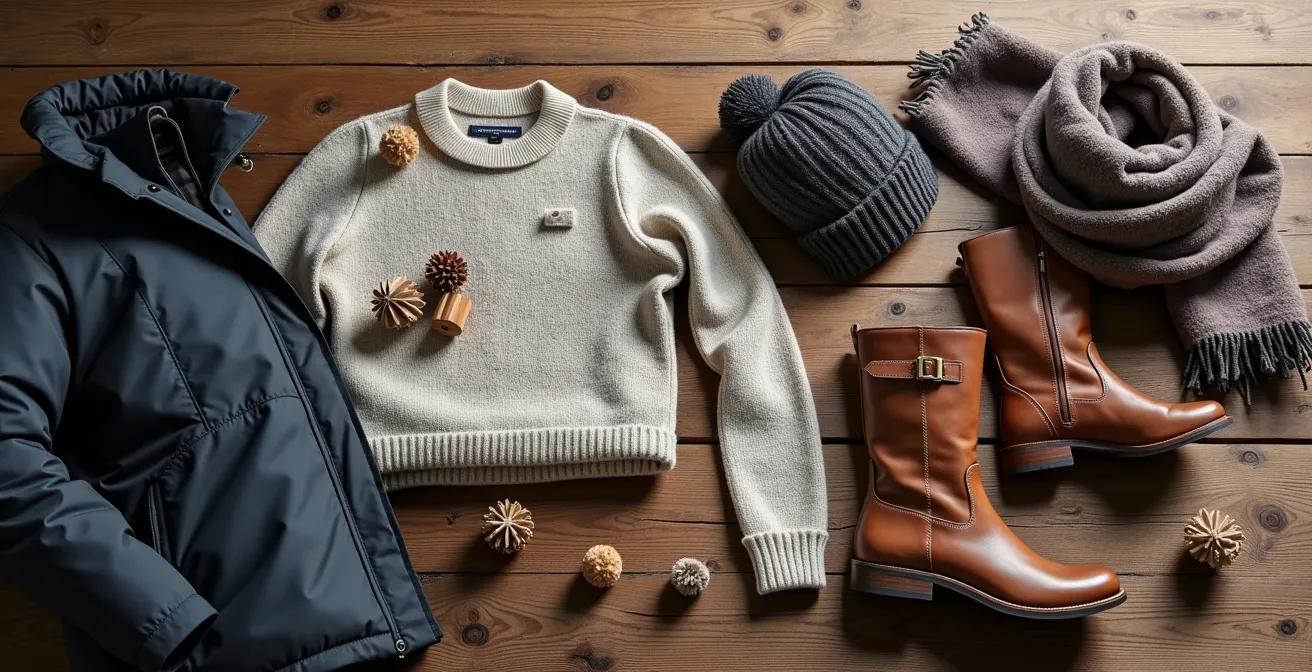 Composition minimaliste de vêtements d'hiver essentiels disposés sur une surface en bois, incluant un pull en mérinos, des bottes robustes et un manteau technique