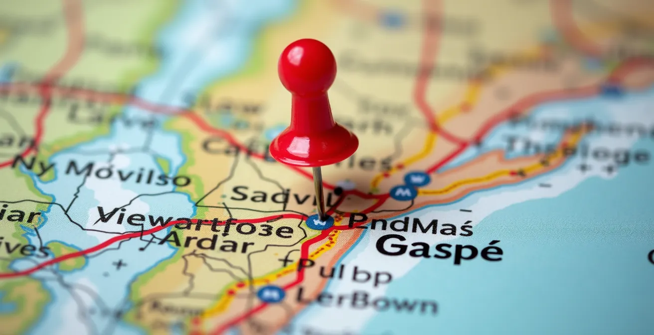 Vue macro d'une carte routière du Québec avec épingle marquant Gaspé et échelle de distance visible
