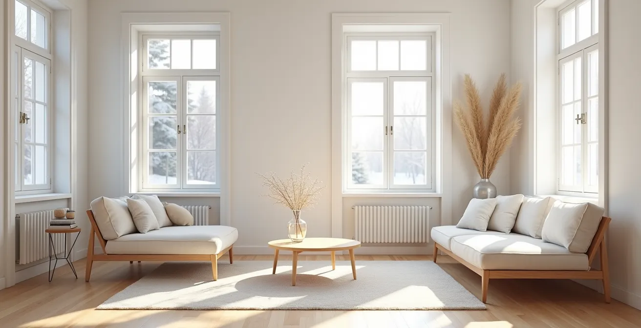 Intérieur de style scandinave avec lumière naturelle hivernale au Québec
