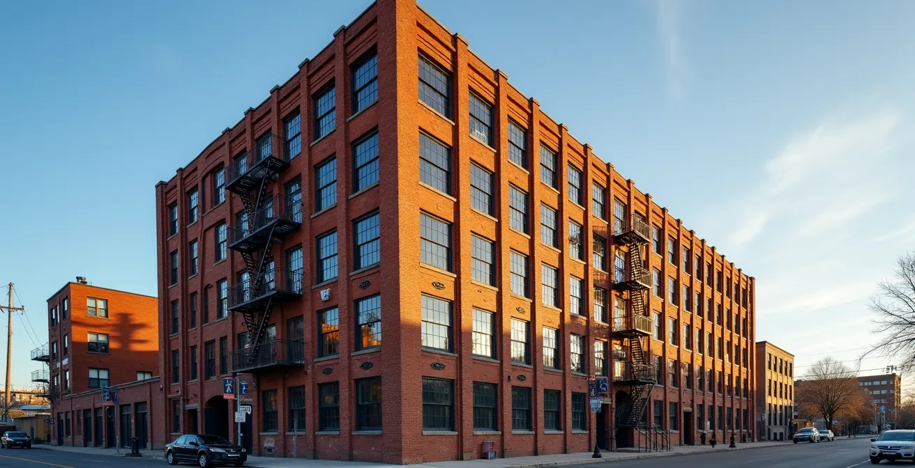 Vue architecturale grand angle d'un bâtiment manufacturier historique de Montréal avec ses fenêtres industrielles caractéristiques