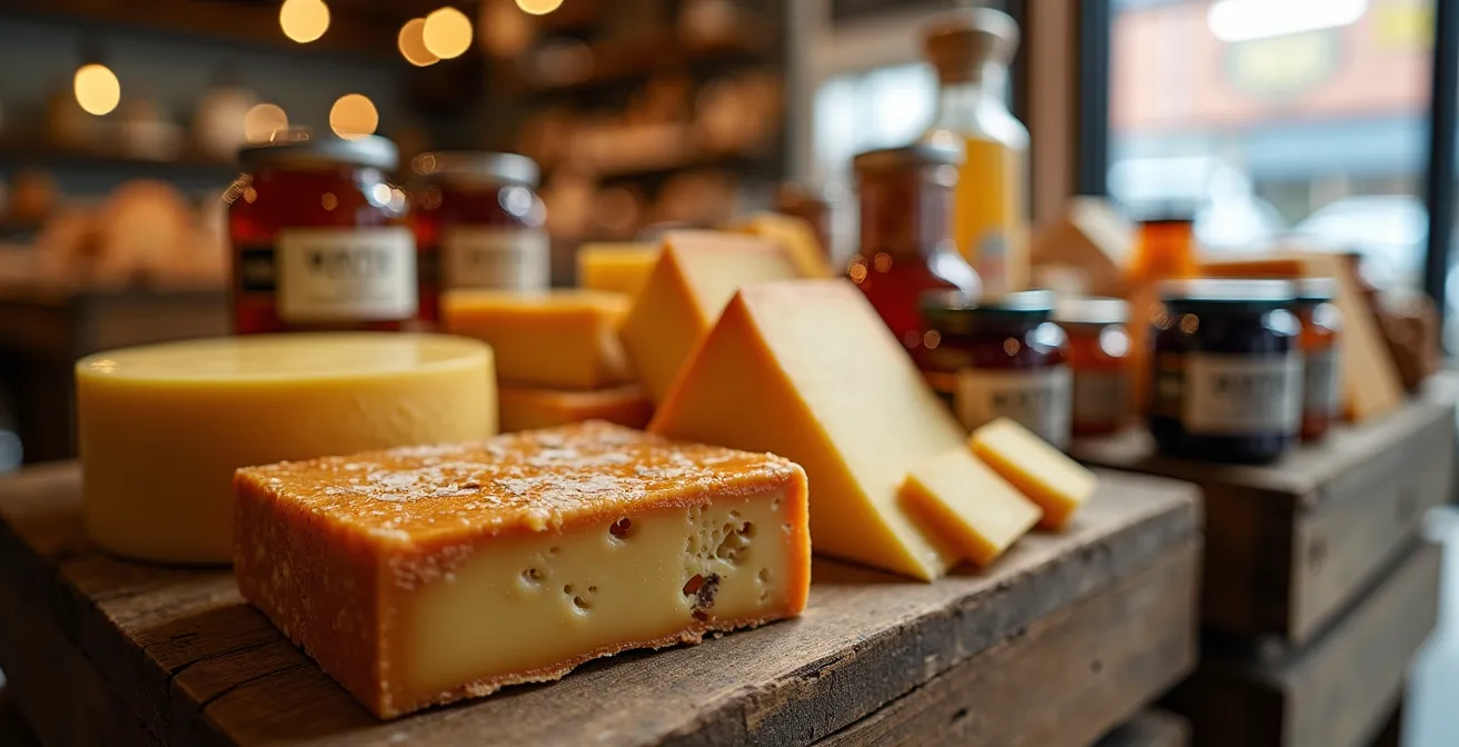 Étal de marché public québécois avec produits du terroir et fromages artisanaux