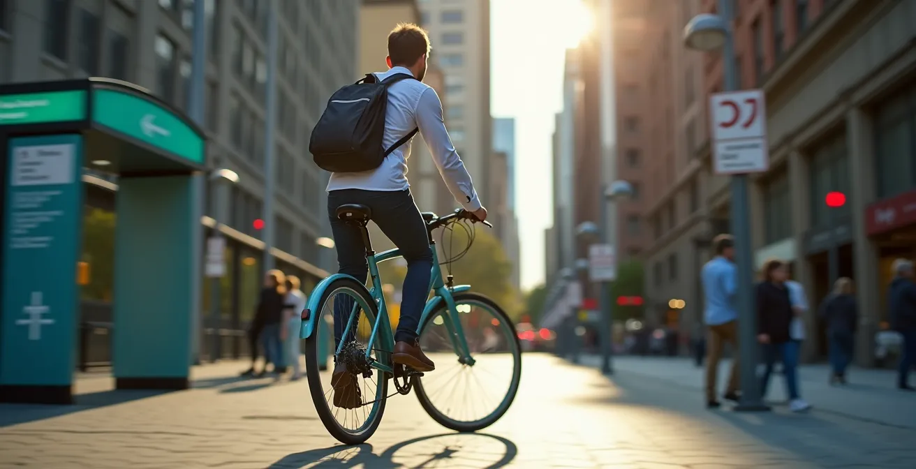 Cycliste utilisant un vélo BIXI près d'une station de métro montréalaise