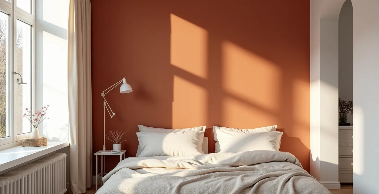 Salon scandinave avec mur d'accent terracotta et mobilier en bois clair créant une ambiance chaleureuse