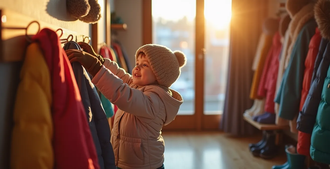Entrée de maison québécoise organisée avec système de rangement vertical pour manteaux d'hiver