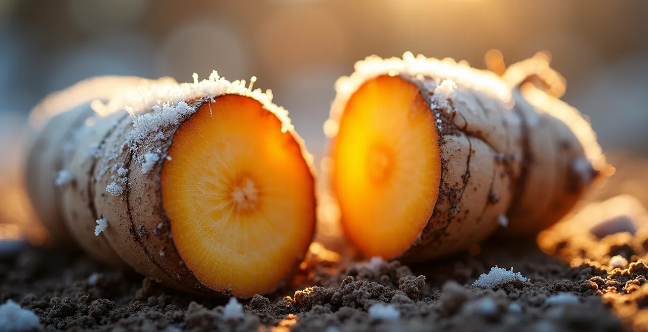 Gros plan sur la texture givrée d'un panais et d'un rutabaga après les premières gelées