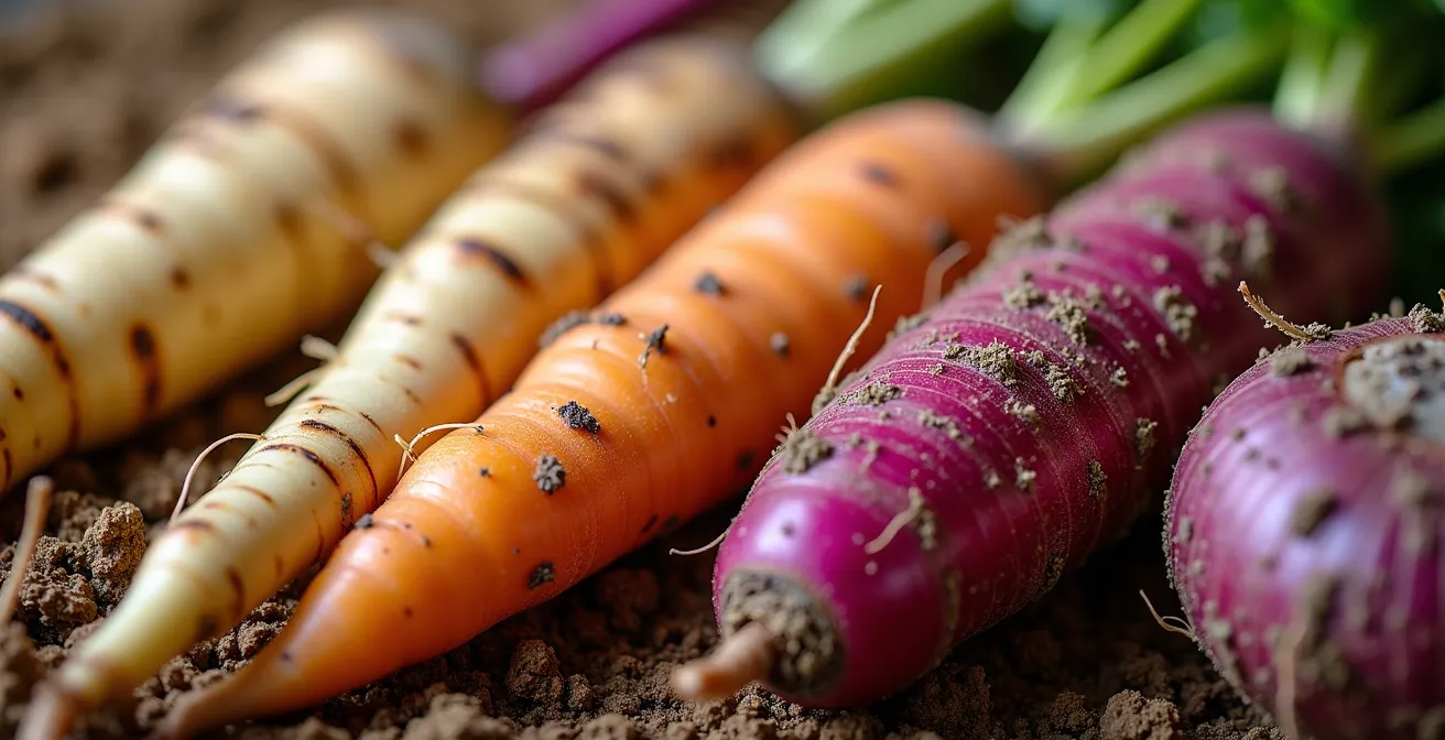 Vue macro de légumes-racines québécois colorés avec textures et détails naturels