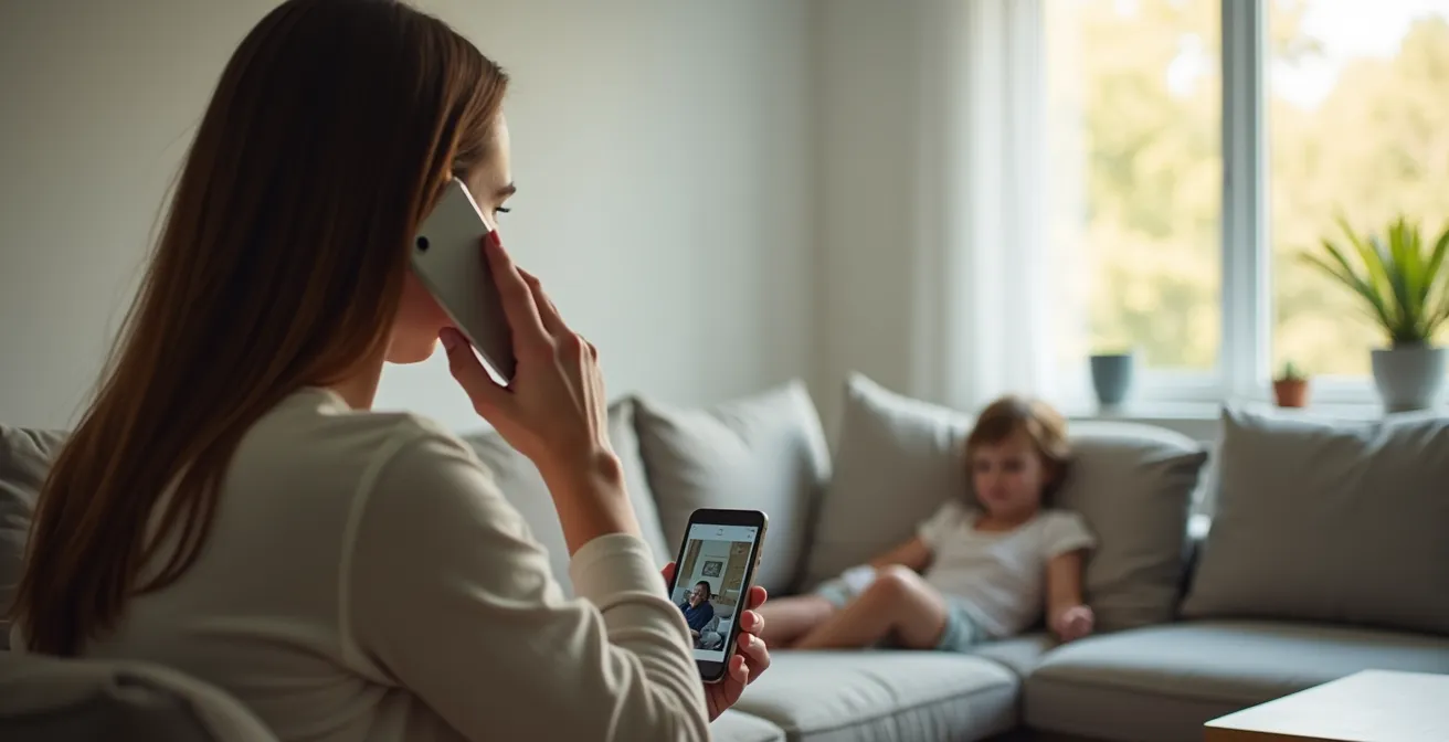Parent au téléphone avec Info-Santé 811 pendant qu'un enfant se repose sur le canapé, ambiance apaisante de foyer québécois