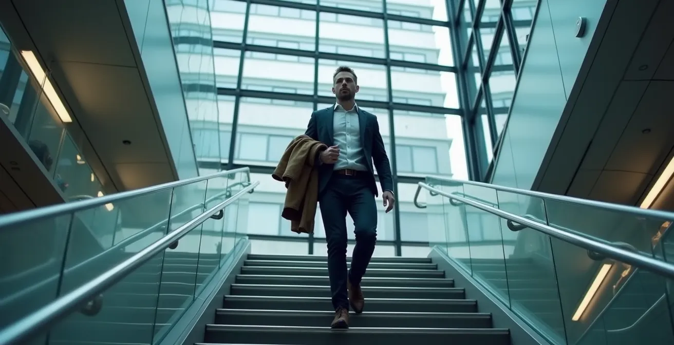 Personne montant les escaliers d'un immeuble de bureaux pour une pause active