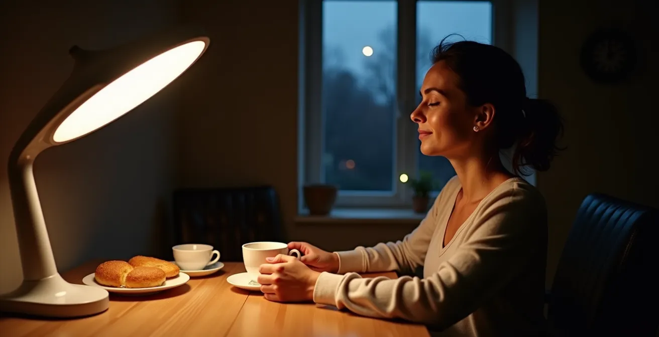 Personne assise devant une lampe de luminothérapie le matin avec tasse de thé et lumière naturelle faible à l'extérieur