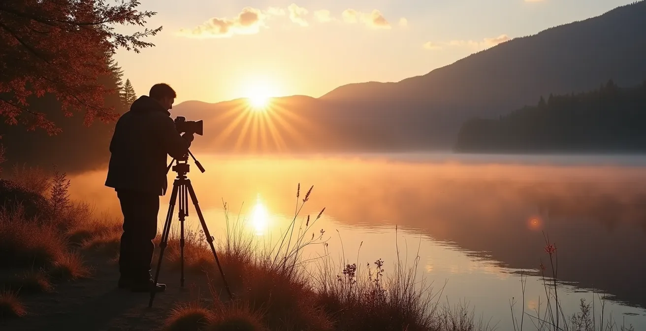 Photographe capturant la brume matinale sur un lac des Laurentides avec les dernières couleurs d'automne