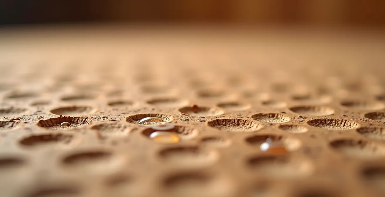 Gros plan sur texture de liège naturel avec gouttes de condensation montrant la capacité d'absorption