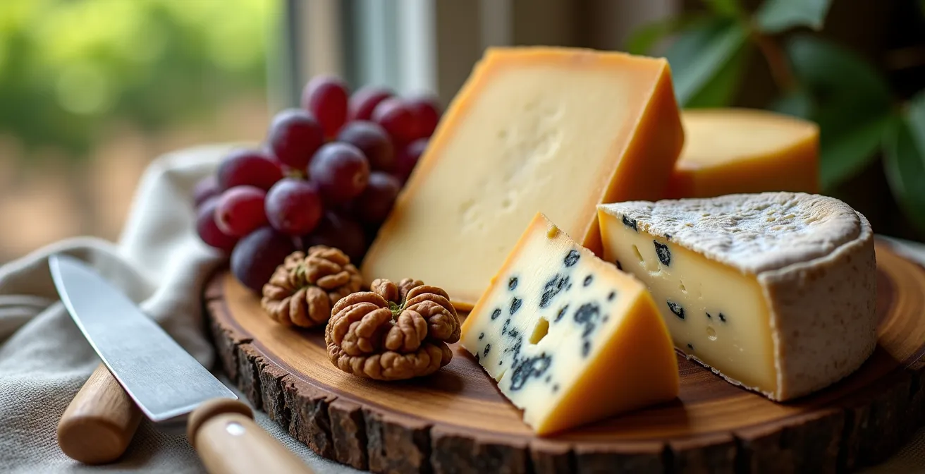 Gros plan sur un plateau de fromages québécois artisanaux avec raisins et verre de vin rouge dans un vignoble