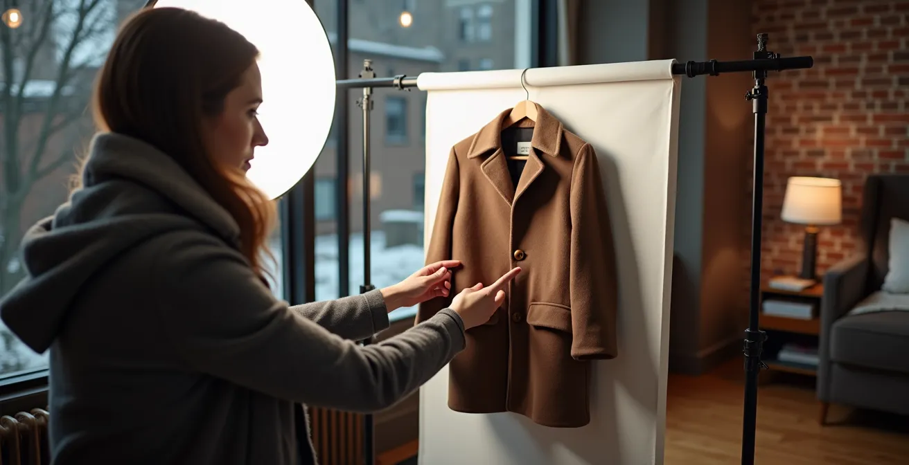 Personne photographiant des vêtements d'hiver avec un éclairage professionnel improvisé dans un appartement québécois