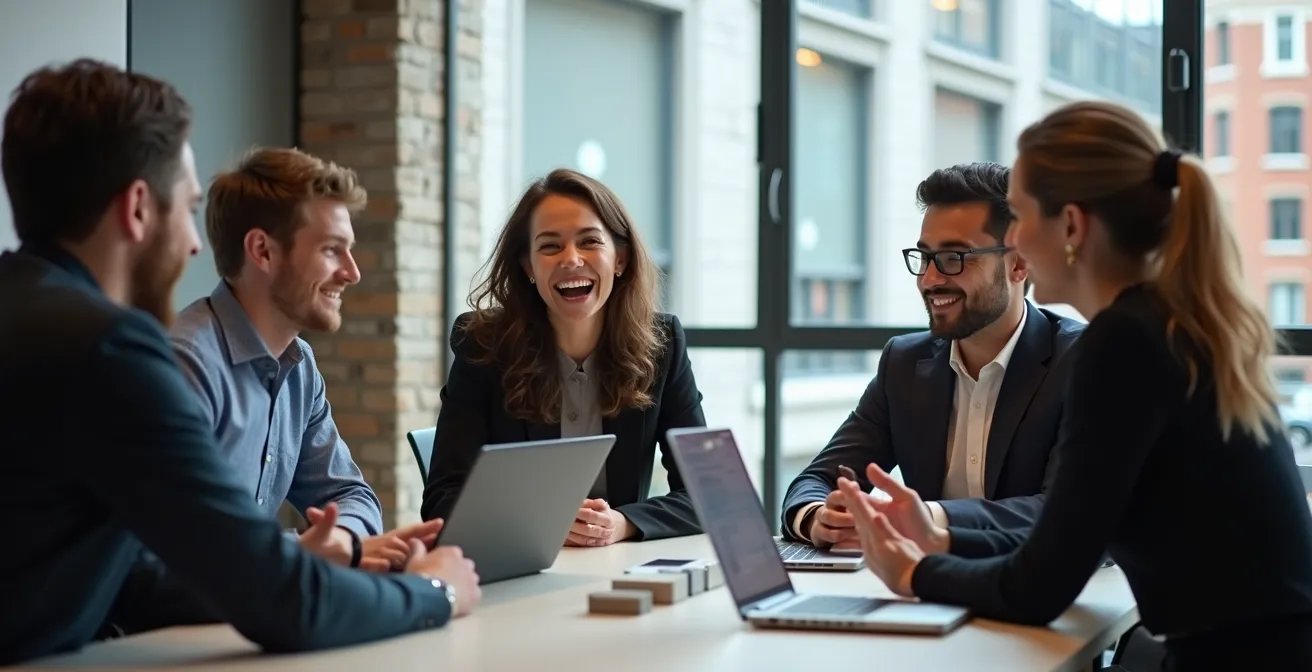 Entrepreneurs québécois en réunion de travail dans un environnement technologique moderne avec vue sur le Mont-Royal