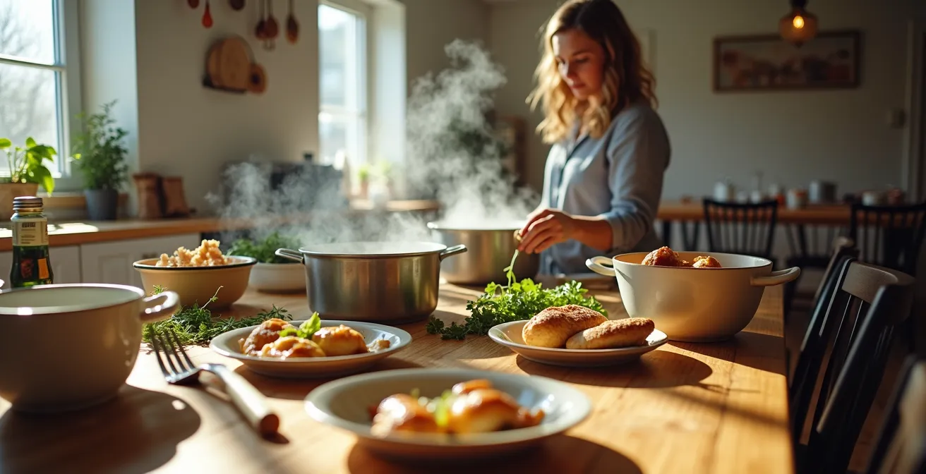Cuisine québécoise en désordre créatif avec préparatifs de repas potluck décontracté illustrant l'abandon du perfectionnisme