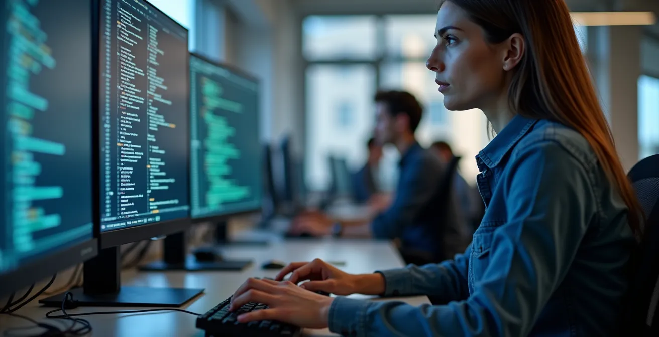 Développeur travaillant dans un bureau moderne de Montréal avec équipement technique visible
