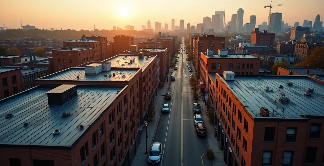 Vue aérienne des quartiers créatifs de Montréal avec ateliers d'ébénistes