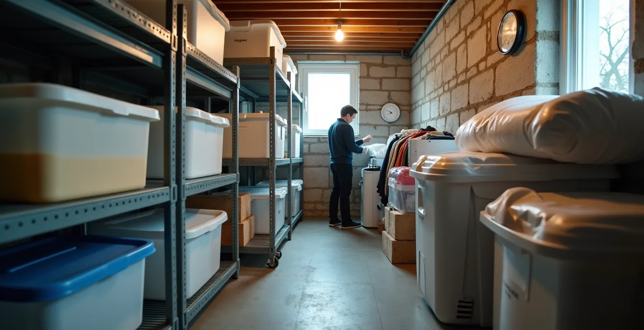 Vue large d'un sous-sol québécois organisé avec système de rangement pour vêtements hors saison