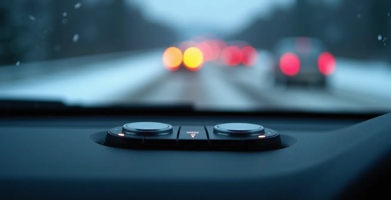 Vue macro du tableau de bord montrant les indicateurs du régulateur adaptatif avec une autoroute enneigée floue en arrière-plan