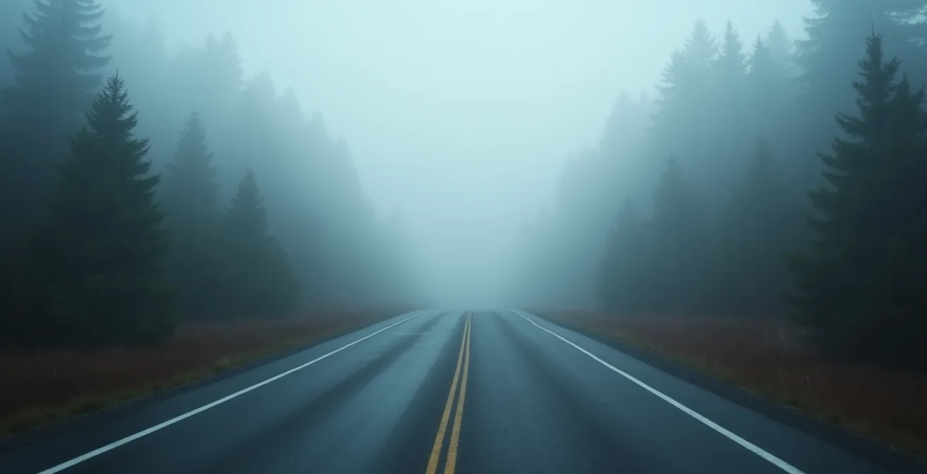 Route 299 serpentant à travers le brouillard matinal des monts Chic-Chocs