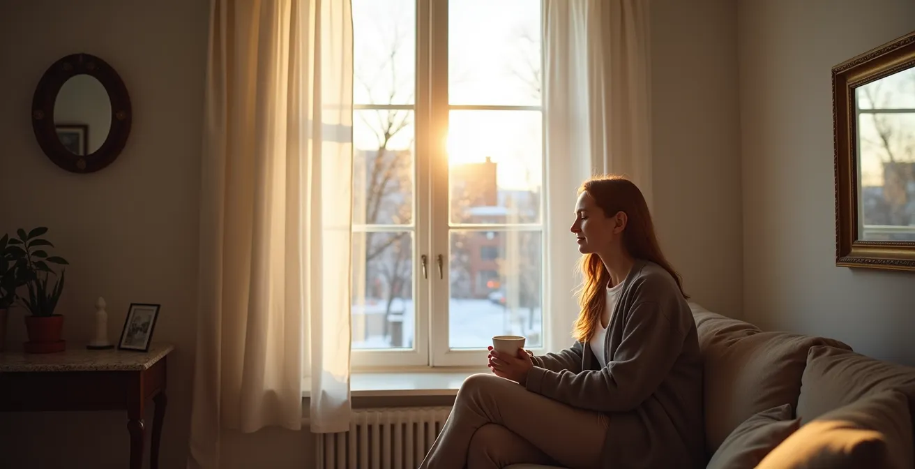 Salon québécois lumineux en hiver avec système de miroirs et voilages optimisant la lumière naturelle