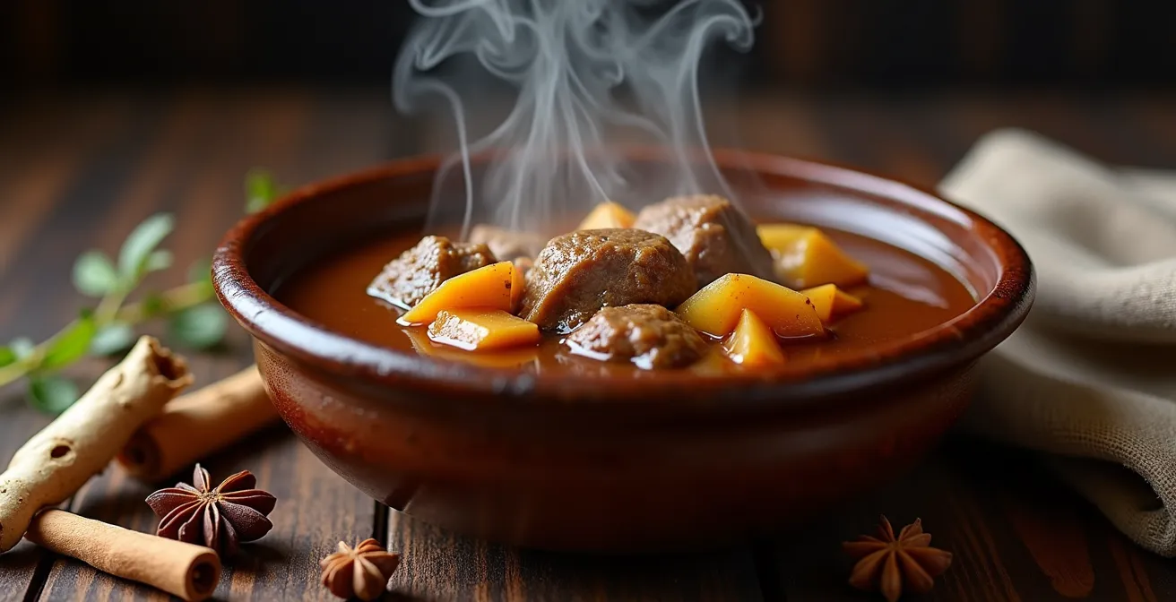 Bol fumant de ragoût québécois traditionnel avec vapeur s'élevant, posé sur table en bois avec épices autour