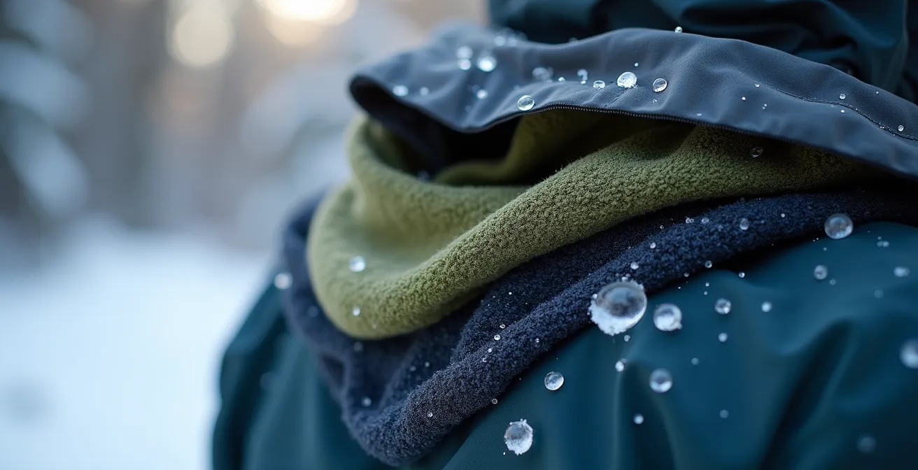 Vue macro des trois couches de vêtements techniques superposées avec textures visibles