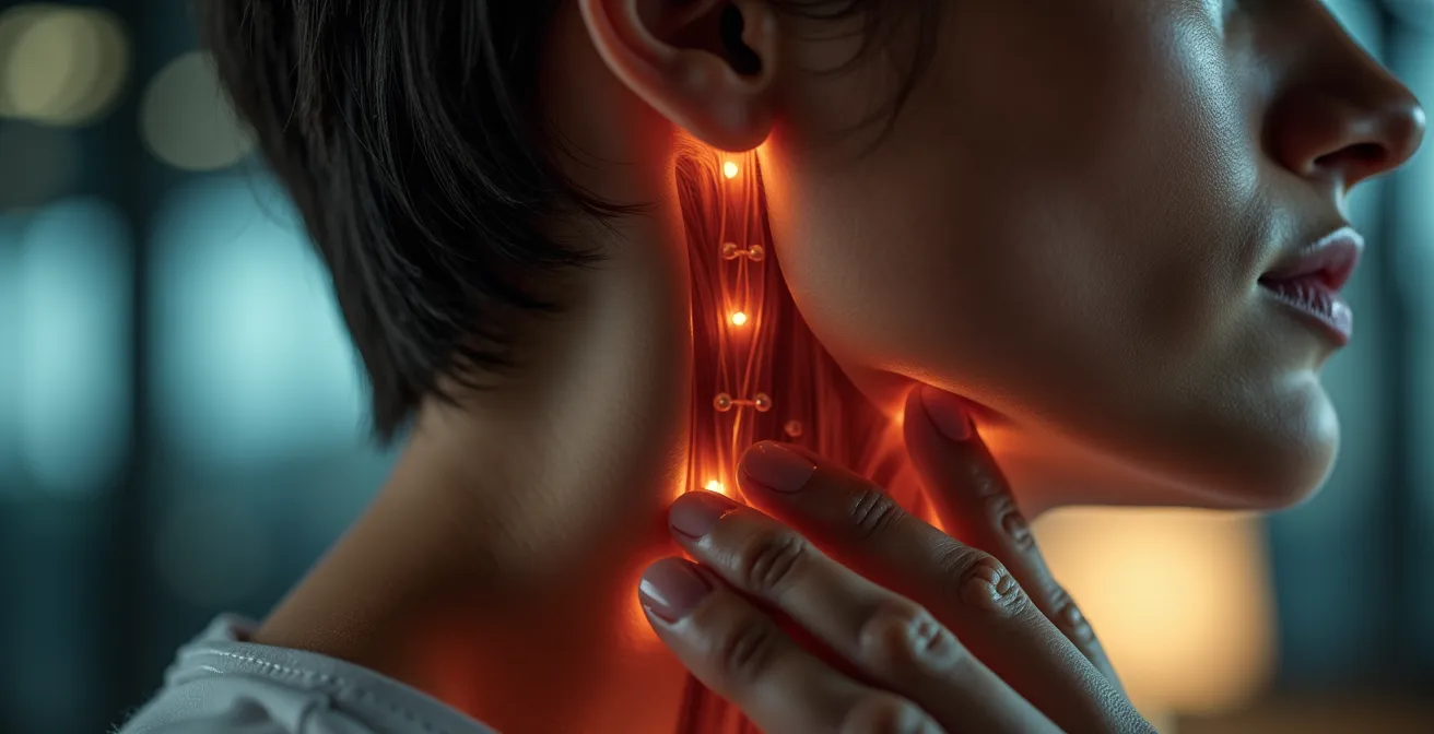 Gros plan macro sur les muscles tendus du cou et de la mâchoire d'une personne au travail