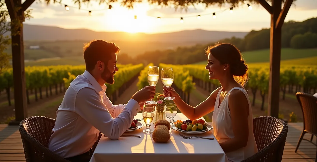 Table dressée sur une terrasse de vignoble avec vue panoramique sur les collines des Cantons-de-l'Est au coucher du soleil