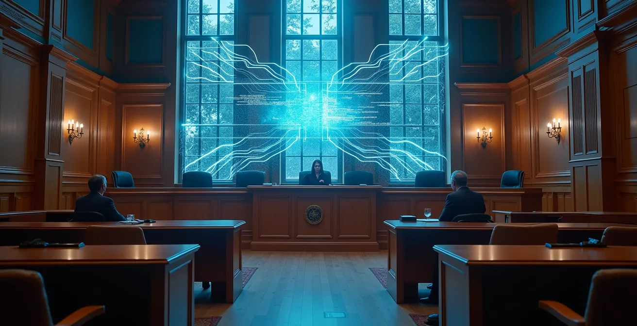 Salle de tribunal moderne avec écrans holographiques montrant des lignes de code et des schémas de circuits électroniques