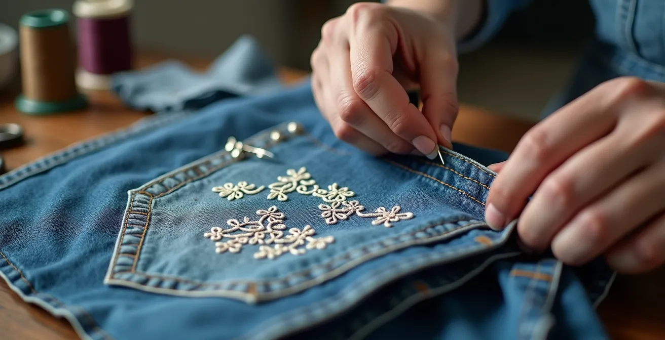Gros plan sur des mains transformant un jean usé avec la technique Sashiko sur une table d'atelier